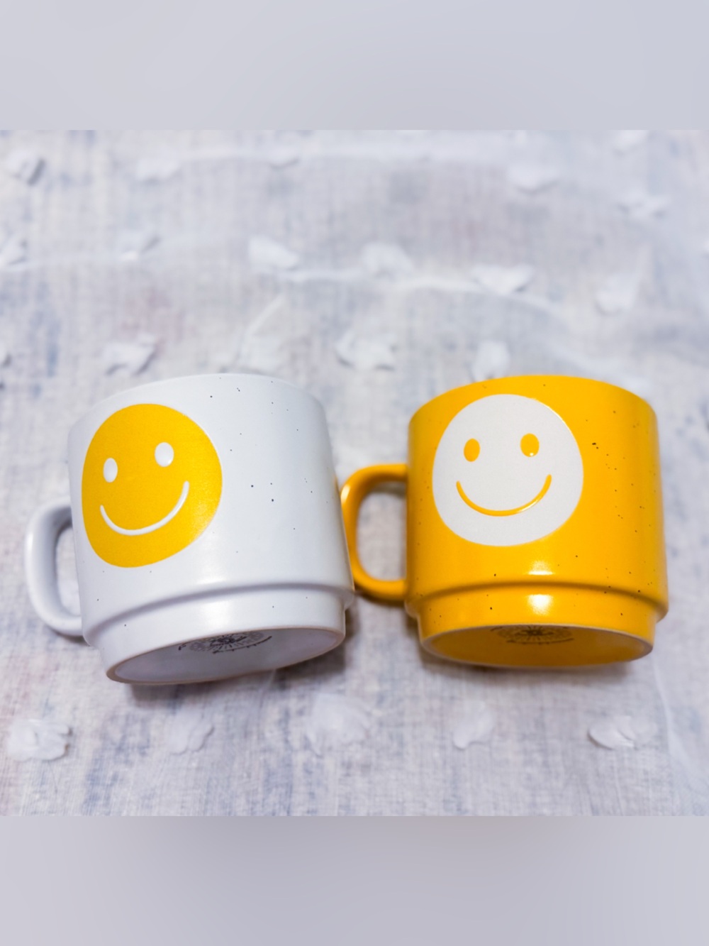 New! TWO Smiley Face Stackable Ceramic Mug Set - White and Yellow